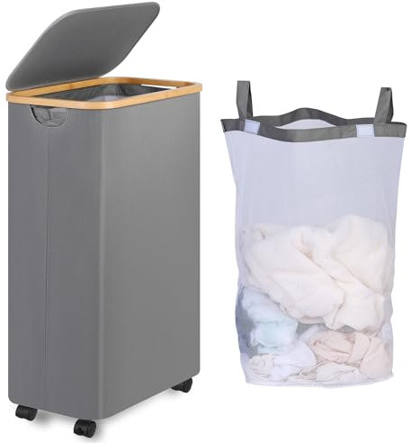 iEGrow Wäschekorb mit Rollen 75L, Wäschesammler Schmal mit Herausnehmbarer und Waschbarer Innentasche, Laundry Baskets Wäschekörbe mit Deckel für Kleidung, Spielzeug, Handtücher (Grau)