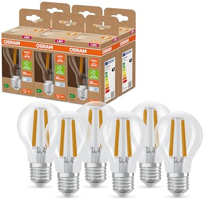 OSRAM Lampada LED SUPERSTAR+ CLASSIC A FIL 40, E27, 2,2 W, 470 lm, 4000 K, luce bianca fredda, lunga durata, fino al 60% di risparmio energetico, confezione da 6