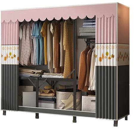 DETMOL Kleiderschrank, Stoffschrank, Faltbare Garderobe Mit Kleiderstangen, Kleiderständer, Aufbewahrung, Taschen, Schuhe, Schlafzimmer, Ankleidezimmer, Flur, Rosa Grau