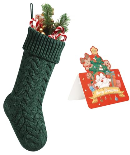 meioro Calze di Natale con biglietto d'auguri, 46cm/18in Calza di Natale a maglia larga, Calza di Natale da Appendere al Caminetto per le Decorazioni Delle Feste di Famiglia (Verde, 1 Pack)