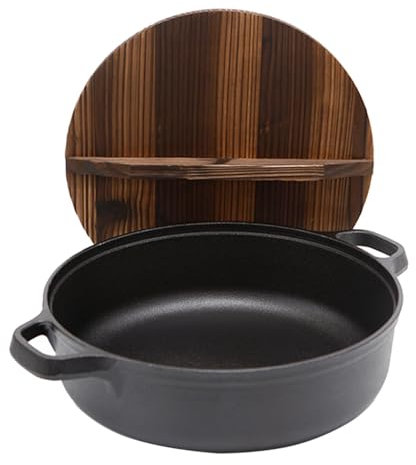 KRODEAIR Deep Cast Iron Skillet with Dual Large Loop Handled and Wooden Lid - Stir Fry Pan Uncoated Non-Stick Wok for Grill and Deep Frying (31cm)