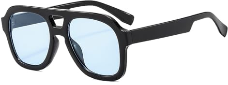 Long Keeper Gafas de Sol Piloto para Hombre Mujer Gafas de Sol Cuadradas Vintage Retro Marco Cuadrado Gafas de Piloto Vintage Protección UV400, 50MM (Montura Negro - Lente Azul)