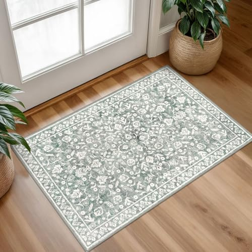 SILOLOOM Vintage Washable rug 2x3 Sage Green Grey Small Area Rugs for Entryway and Kitchen, Floral Super Soft, Low-Pile Throw Indoor Door Mat Thin Print Faux Wool Carpet