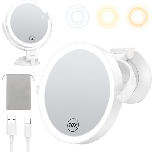 Gospire Specchio da trucco da parete da 17,8 cm con potente ventosa, ingrandimento 1X/10X su entrambi i lati, luci a 3 colori e luminosità regolabile, batteria ricaricabile da 2000 mAh, rasatura da