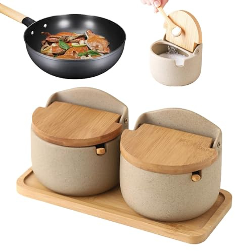 Recipientes de sal para encimera, salero de cerámica, dispensador de sal con tapa de cuchara de madera, almacenamiento de de condimentos, tarro de almacenamiento de condimentos de cocina, soporte