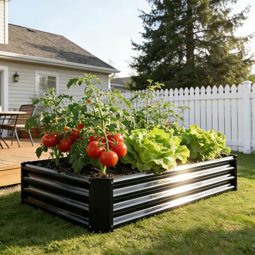 VERFARM Metal Galvanized Raised Garden Bed Kit, 4 x 2 x 1 ft Galvanized Steel Raised Garden Planter Box Outdoor with Open Base for Growing Vegetables/Flowers/Herbs/Fruits/Succulents, Black