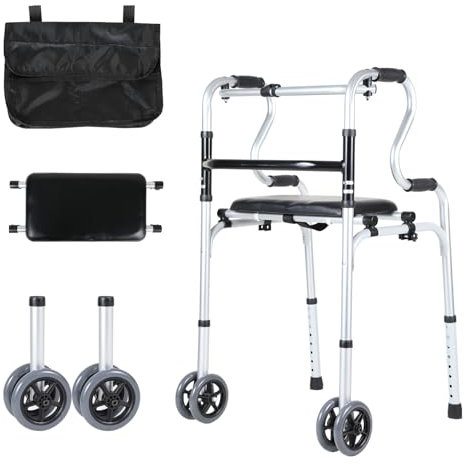 Jaxguom Gehhilfe，Gehhilfe für Senioren, Gehbock Klappbarer mit 2 Lenkrollen, Gehhilfe erwachsene Gehgestell höhenverstellbar aus Aluminium, Rutschfest Stabil Gehwagen Bis 180 kg, Silber