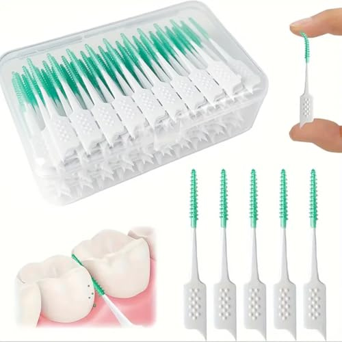 FiTspi 200 Stück Interdentalbürsten, Doppelkopf-Zahnseide-Sticks, Zahnstocher Bürste zwischen den Zähnen, Silikon-Zahnseide Picks für Zahnspangen Mundreinigung (Grün, Einheitsgröße)