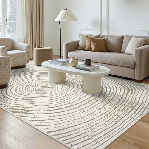 GENIMO Waschbarer Teppich, Baumringe Muster Modern Kurzflor rutschfest für Wohnzimmer, Schlafzimmer, Esszimmer, Skandinavischer Stil Carpet, Natur Elfenbein, 160x230CM