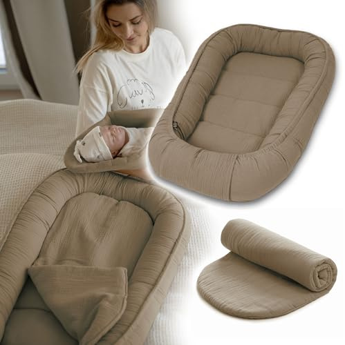 PaLulli Nido para bebé de 100 x 60 cm, muselina suave con colchón, nido de dormir, capullo, cuna de viaje para recién nacidos, 100 % algodón (marrón)
