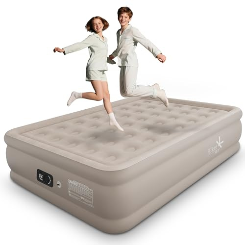 HikerSKY Full Air Mattress with Built in Pump, Single Blpw up Air Bed with Portable Storage Bag, Suitable for Home and Guests, Top Flocking, 18 Full Khaki