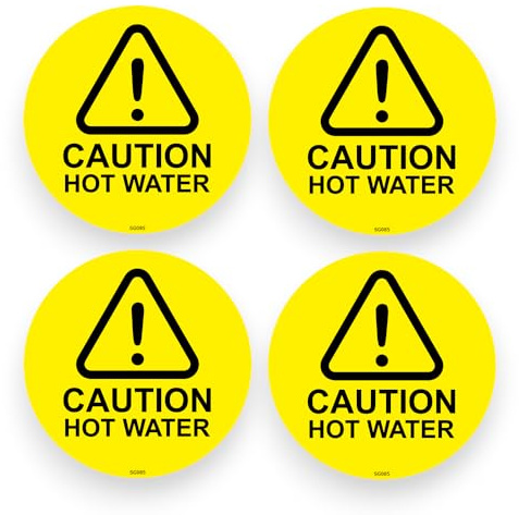 4 Pack - Sticker Gold - Small 7cm Caution HOT Water Self Adhesive Stickers - Danger, Boiling, Warning Sign Kitchen, Resturant, School, SG085