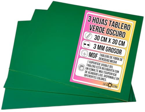 LA SOLERA Pack 3 Hojas Tablero MDF VERDE OSCURO | 300 x 300 x 3 mm | Tablero de Fibra de Densidad Media | Manualidades | Pirograbado | Corte Laser | Modelado | Tabla Madera | Corte Limpio Sierra