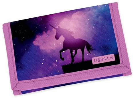 itenga Kinder Geldbörse - Geldbeutel und Brustbeutel - mit Klettverschluss, Kordelband, Geldscheinfach und Münzfach Sichtfenster für Mädchen und Jungen (Motiv magisches Einhorn)