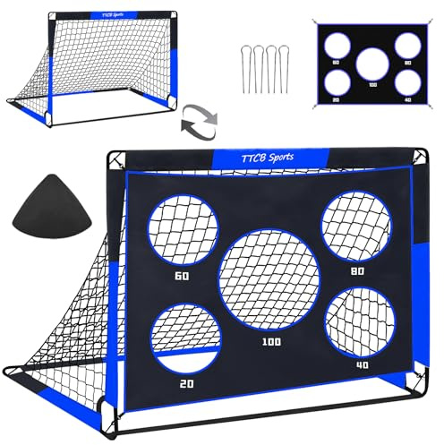 TTCB Sports 2 in 1 Football Goal, 120X90X90cm Football Goals for Kids, Soccer Training Net with 5 Target Ranges, Foldable Target Training Equipment for Garden, Park, Backyard(Blue)