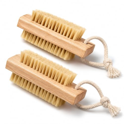 2 Pcs Wooden Nail Scrub Brush, Double Sided Nail Brushes with Stiff Bristles and Hanging Rope Hand and Foot Scrubber Manicure Pedicure Tool for Scrubbing Fingernails Toenail Cuticle