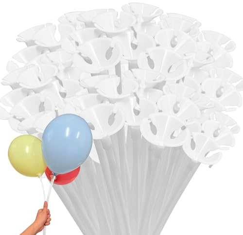 50PCS Balloon Sticks with Cups – 32cm White Reusable Balloon Holders for Party Decorations, Wedding, Birthday, Baby Shower, Anniversary, Event Supplies