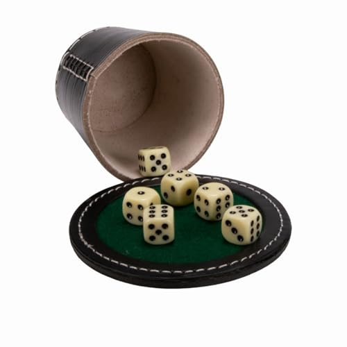 GICO Qualitäts Würfelbecher groß (echt Leder) XL schwarz mit Deckel 12 cm/Würfelteller und 6 Würfeln - 5901