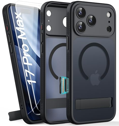 SIXBOX for iPhone 17 Pro Max Case with Stand & 2 Screen Protectors, Black | Compatible with MagSafe, Lens Protection, Camera Control, Military Grade Drop, Translucent Matte Case for iPhone 17 Pro Max