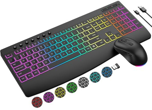 Wireless Keyboard and Mouse Combo, 9 Backlit Effects, 4000mAh Rechargeable Backlit Keyboard with Wrist Rest, 6 Button Mouse, 2.4G Full Size Quiet Keyboard Set for Computer, PC, Laptop, Mac, Windows