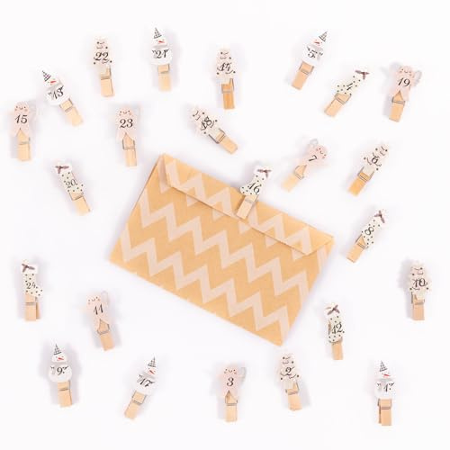 24 Wooden Pegs Advent Calendar Numbers - Mini Clips for DIY Crafts, Greeting Cards, Photos, Gift Tags & Hanging Christmas Decorations (Stockings)