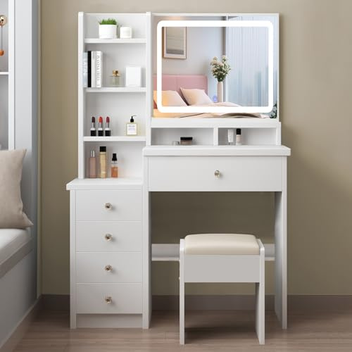 Zeaper Coiffeuse avec éclairage LED et tabouret, table de maquillage avec grand miroir, table à cosmétiques avec 6 tiroirs et 3 étagères ouvertes, table de maquillage moderne pour chambre à coucher en