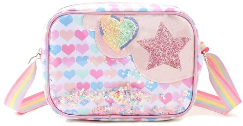 FOSDICK Borsetta Bambina Principessa Borsa Bambina Stelle Borsetta Ragazza con Mini Paillettes Borsa Tracolla Regolabile Borse a Tracolla Borsette Ragazza Regalo bambina 5-12 Anni, 20x6x14cm, Rosa