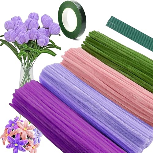 Juego de limpiadores de pipas de flores, set de 400 limpiadores de chenille en 4 colores, 20 varillas metálicas verdes y 2 rollos de cinta adhesiva, ideal para manualidades y creación de flores D