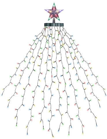 EcoNour 1,5 m Christbaumbeleuchtung | 200 LED-Lichterketten mit Ring und 12 Girlanden | 8 Modi LED-Lichterkette für Weihnachtsbäume | Mehrfarbige Dekoration für drinnen und draußen