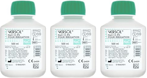 VERSOL NaCl 0,9% – 3 × 500 ml Solución Salina Isotónica – Solución Estéril Suave para Lavado Nasal, Limpieza de Heridas y Cuidado Diario – pH Neutro y Respetuosa con la Piel – Formato Familiar
