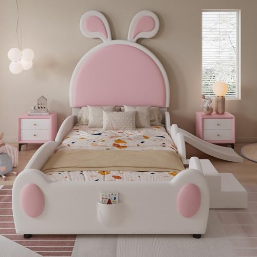 VIVCA Letto imbottito, letto singolo con piccola scala e scivolo per bambini, testiera con orecchie di coniglio, culla con doghe in legno, PU, bianco+rosa, 90 x 200 cm