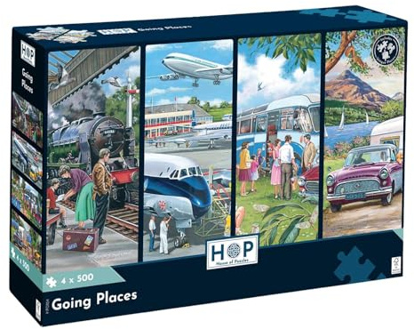 The House of Puzzles Going Places 4 x 500 Piece Jigsaws | Scenic Transport Theme, Artist Illustrated, Vintage Travel Scenes, Deluxe Puzzle Gift for Adults