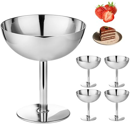 BordeAG 4 stycken 150 ml glassbägare rostfritt stål, rostfritt stål, dessertskål med fot, glass cream sundae för is, dessert, glasskål, bröllop, fest, café och restaurang, diameter 8 cm