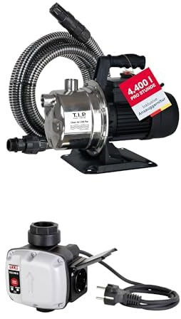 T.I.P. 30087 Gartenpumpe Edelstahl Clean Jet 1300 Plus Kit mit 4 m Ansauggarnitur 4.400 l/h Fördermenge, Druck max. 50 m / 5,0 bar + T.I.P. Trockenlaufschutz TLS 100 E – Schutz für Gartenpumpe