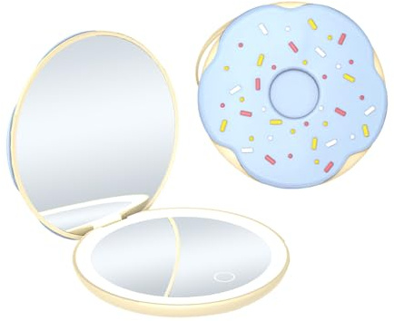 QUMOX Miroir de Maquillage Compact LED, Miroir de Poche en Forme de Donut avec lumière, grossissement 1x et 2X, Miroir de Voyage Portable Rechargeable, Bleu
