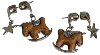 Orecchini alla moda in legno con motivo a cavallo a dondolo, dettagli in rame, eleganti gioielli da donna, orecchini da sera