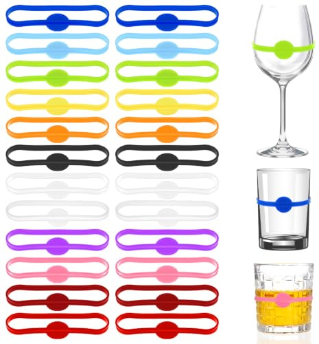 Elegaperma 24 Stück Glasmarkierer Silikon, Reinigbar, Marker Ringe, 7 X 2cm | Glas Markierung Trinkgläser für Weingläser, Cocktailgläser, Tassen, Party Dekoration(mehrfarbig)