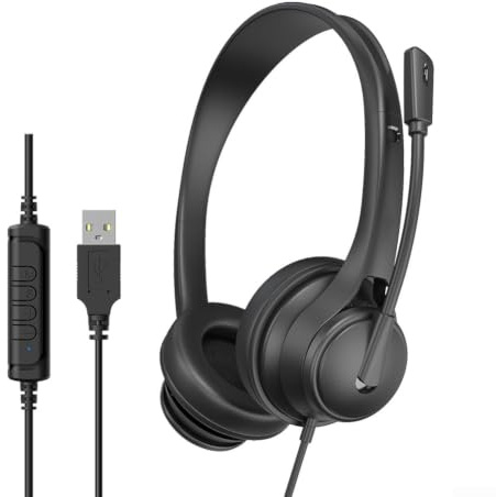 Casque Gaming USB Filaire avec HD et Contrôles en Ligne - Écouteurs Supra-Auriculaires Confortables en Mousse pour PC, Jeux et Travail - Câble 2m