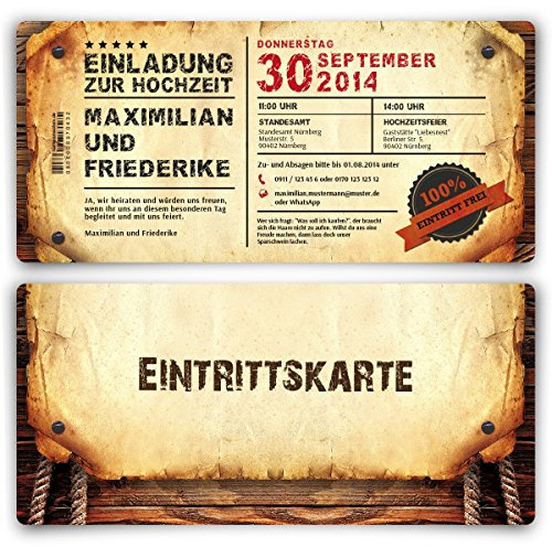 Einladungskarten zur Hochzeit (30 Stück) als Eintrittskarte im Vintage-Look Hochzeitskarten