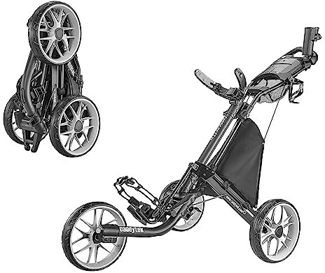 CaddyTek EZ Tour Quickfold Deluxe 3-Rad Golftrolley Golfcaddy komplett mit Kühltasche - Modell 2020 (schwarz-grau)