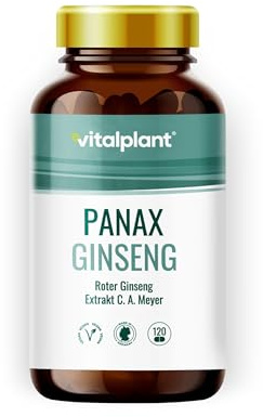 Vitalplant® Panax Ginseng C.A. Meyer im Braunglas | 500mg koreanischer roter Ginseng Extrakt mit 5% Ginsenoside | Hergestellt in pharmazeutischer Manufaktur in Deutschland | 120 vegane Kapseln