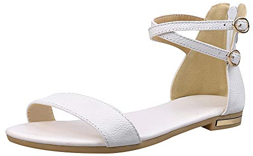 Jamron Kvinnors läder ankelremmar sandaler platt öppen tå rygg dragkedja sommar pumps skor, Vitt, 36.5 EU
