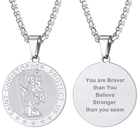PROSTEEL St Christopher Necklace for Men, Saint Christopher Pendant Chain, Personalised Engrave Catholic Protection Jewellery Silver Round (With Gift Box)