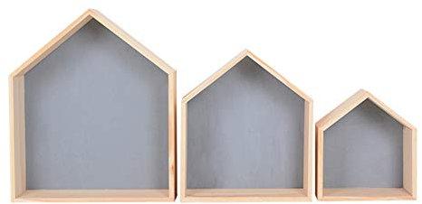 SWECOMZE 3er-Set Wandregal Hausform Regalbox Hausform Holzhaus-Regal Wand für Kinderzimmer Baby DIY Dekoration (Grau)