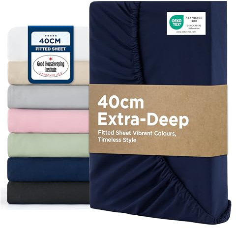 Bedsure Double Fitted Sheet Deep - Bed Sheets Extra Deep Pocket 16 Inches (40 cm), Soft Brushed Polyester Microfiber Material for Double Bed, Navy, 135x190cm | Soft Breathable Brushed Finish Smooth Feel All Round Elastic Secure Fit Deep Pocket Machine Washable Fade Resistant Easy Care