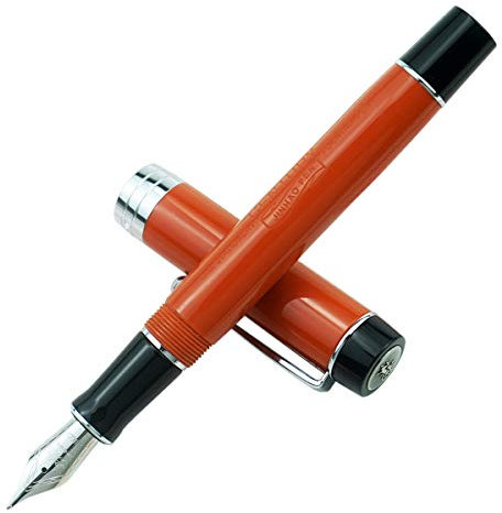 Jinhao Classic Füllfederhalter mit Jinhao-Stempel, orange-rotes Zelluloid-Silber-Rand, mittlere Feder mit Konveter und Stifteetui-Set