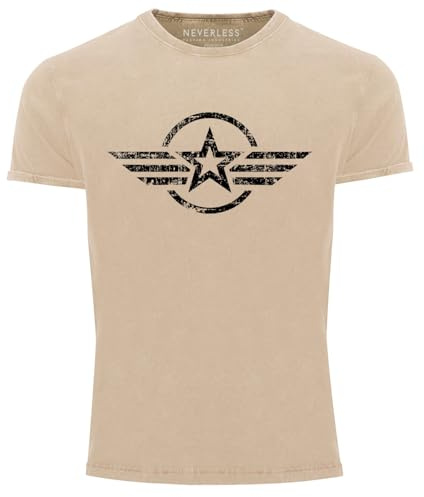 Neverless® Herren Vintage Shirt Airforce Stern Army Military Aufdruck Printshirt T-Shirt Aufdruck Used Look Slim Fit