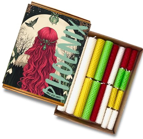 Phoenix Candle Company Imbolc | 18 Stück Bienenwachs-Altarkerzen | A4 Imbolc Guide | Rad des Jahres | geruchlos | handgerollt | Brenndauer 35 bis 160 Minuten