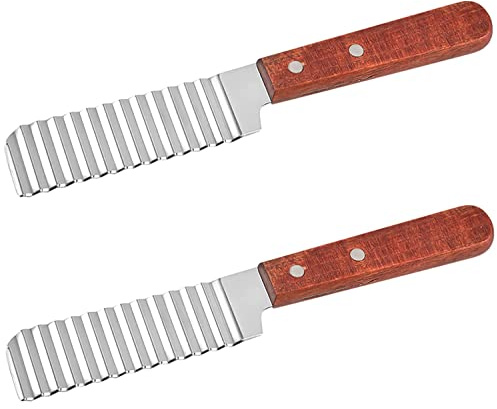 LATRAT 2 Stück Kartoffelschneider Pommes Schneider mit Holzgriff, Wellenschneider aus Edelstahl, Crinkle-Chopper, für Kartoffel und Gemüse