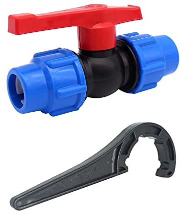 Ball Valve Connector, MDPE Irrigation Pipe Fittings Valve, Plastic Ball Valve Shut-Off Stop Tap Valve for Water Pipe Compression Fittings (32mm with Wrench)